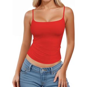 imageMANGOPOP Womens Camisole Tank Tops Square Neck Spaghetti Strap Cami Double Lined Sleeveless Crop Top Sexy ShirtsB1 Red
