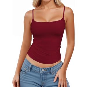 imageMANGOPOP Womens Camisole Tank Tops Square Neck Spaghetti Strap Cami Double Lined Sleeveless Crop Top Sexy ShirtsBurgundy