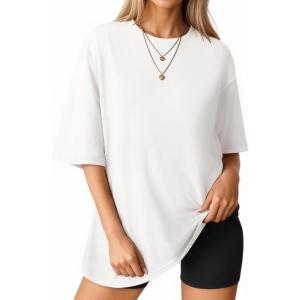 imageMANGOPOP Womens Oversized T Shirts Short Sleeve Crewneck Loose Fit Tops Summer Basic TeeA Creamy White