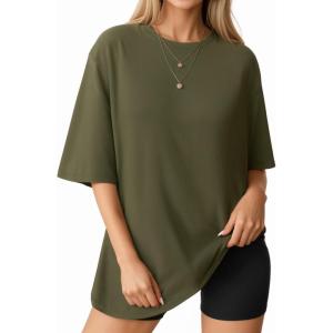 imageMANGOPOP Womens Oversized T Shirts Short Sleeve Crewneck Loose Fit Tops Summer Basic TeeArmy Green