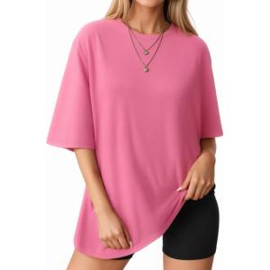 imageMANGOPOP Womens Oversized T Shirts Short Sleeve Crewneck Loose Fit Tops Summer Basic TeeBarbie Pink