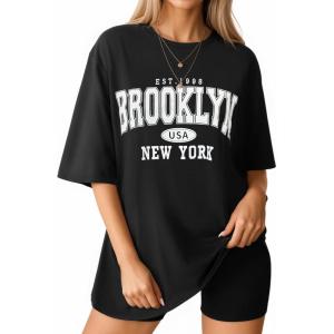 imageMANGOPOP Womens Oversized T Shirts Short Sleeve Crewneck Loose Fit Tops Summer Basic TeeBlack Ny