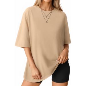 imageMANGOPOP Womens Oversized T Shirts Short Sleeve Crewneck Loose Fit Tops Summer Basic TeeKhaki