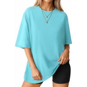 imageMANGOPOP Womens Oversized T Shirts Short Sleeve Crewneck Loose Fit Tops Summer Basic TeeLight Blue