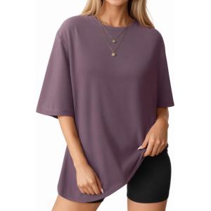 imageMANGOPOP Womens Oversized T Shirts Short Sleeve Crewneck Loose Fit Tops Summer Basic TeeLight Purple