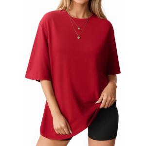 imageMANGOPOP Womens Oversized T Shirts Short Sleeve Crewneck Loose Fit Tops Summer Basic TeeRed