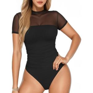 imageMANGOPOP Womens Short Sleeve Bodysuits Mock Turtle Neck Bodysuit Tops Ruched Sheer Mesh Sexy Going Out Body Suit ShirtsBlack