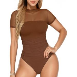 imageMANGOPOP Womens Short Sleeve Bodysuits Mock Turtle Neck Bodysuit Tops Ruched Sheer Mesh Sexy Going Out Body Suit ShirtsDark Brown