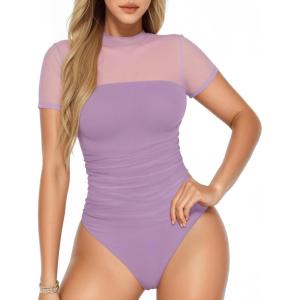imageMANGOPOP Womens Short Sleeve Bodysuits Mock Turtle Neck Bodysuit Tops Ruched Sheer Mesh Sexy Going Out Body Suit ShirtsLight Purple