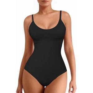 imageMANGOPOP Womens Tummy Control Thong Bodysuit Shapewear Spaghetti Strap Cami Body Suit Compression Body Shaper Tank TopsBlack