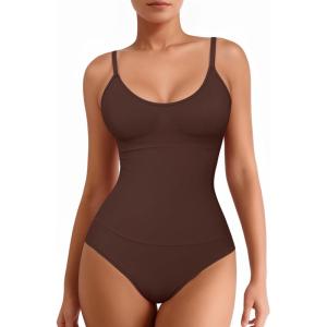 imageMANGOPOP Womens Tummy Control Thong Bodysuit Shapewear Spaghetti Strap Cami Body Suit Compression Body Shaper Tank TopsCoffee