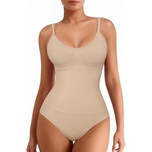 imageMANGOPOP Womens Tummy Control Thong Bodysuit Shapewear Spaghetti Strap Cami Body Suit Compression Body Shaper Tank TopsNude