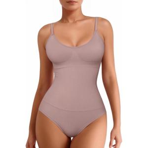 imageMANGOPOP Womens Tummy Control Thong Bodysuit Shapewear Spaghetti Strap Cami Body Suit Compression Body Shaper Tank TopsUmber