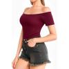 imageMANGOPOP Off The Shoulder Tops for Women Sexy Short Sleeve T Shirt Slim Fitted Tee Casual Blouse Going Out TopsB1burgundy
