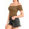 imageMANGOPOP Off The Shoulder Tops for Women Sexy Short Sleeve T Shirt Slim Fitted Tee Casual Blouse Going Out TopsD1short Sleeve Tan