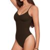 imageMANGOPOP Womens Cami Thong Bodysuit Double Lined Plunge Deep V Neck Backless Body Suit Adjustable Spaghetti Strap Tank TopsCoffee