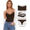 imageMANGOPOP Womens Cami Thong Bodysuit Double Lined Plunge Deep V Neck Backless Body Suit Adjustable Spaghetti Strap Tank TopsCoffee