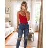 imageMANGOPOP Womens Cami Thong Bodysuit Double Lined Plunge Deep V Neck Backless Body Suit Adjustable Spaghetti Strap Tank TopsRed