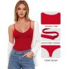 imageMANGOPOP Womens Cami Thong Bodysuit Double Lined Plunge Deep V Neck Backless Body Suit Adjustable Spaghetti Strap Tank TopsRed