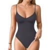 imageMANGOPOP Womens Cami Thong Bodysuit Double Lined Plunge Deep V Neck Backless Body Suit Adjustable Spaghetti Strap Tank TopsDark Grey