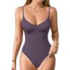 imageMANGOPOP Womens Cami Thong Bodysuit Double Lined Plunge Deep V Neck Backless Body Suit Adjustable Spaghetti Strap Tank TopsDark Purple