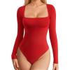 imageMANGOPOP Womens Square Neck Tank Top Bodysuit Sexy Double Lined Sleeveless Thong Body Suits Going Out TopsC013long Sleeve Red