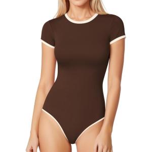 imageMANGOPOP Womens Round Neck Short Sleeve Bodysuit T Shirts Basic Body Suit TopsBbrown