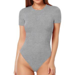 imageMANGOPOP Womens Round Neck Short Sleeve Bodysuit T Shirts Basic Body Suit TopsBshort Sleeve Light Heather Grey