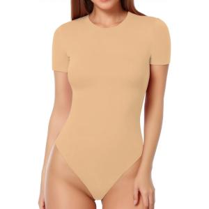 imageMANGOPOP Womens Round Neck Short Sleeve Bodysuit T Shirts Basic Body Suit TopsBshort Sleeve Nude