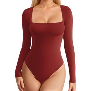 imageMANGOPOP Womens Square Neck Tank Top Bodysuit Sexy Double Lined Sleeveless Thong Body Suits Going Out TopsC16long Sleeve Burgundy