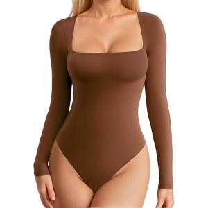 imageMANGOPOP Womens Square Neck Tank Top Bodysuit Sexy Double Lined Sleeveless Thong Body Suits Going Out TopsC17long Sleeve Coffee