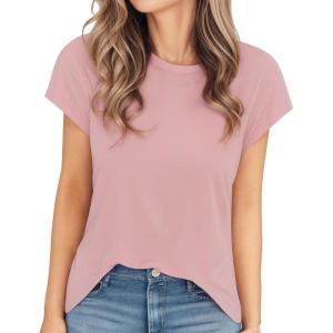 imageMANGOPOP Womens Tops Summer Trendy Cap Sleeve T Shirts Crew Neck Tunic Dressy Business Casual Work Outfits Clothes 2025Pearl Blush