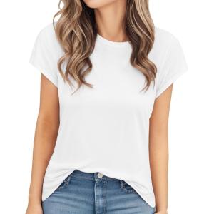 imageMANGOPOP Womens Tops Summer Trendy Cap Sleeve T Shirts Crew Neck Tunic Dressy Business Casual Work Outfits Clothes 2025White