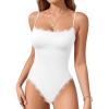 imageMANGOPOP Womens Cami Thong Bodysuit Double Lined Square Neck Backless Body Suit Adjustable Spaghetti Strap Tank Tops04lace White