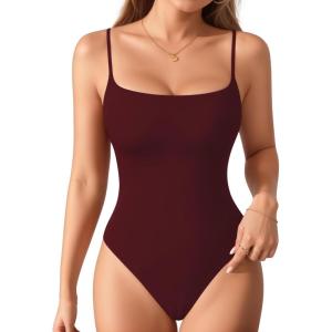 imageMANGOPOP Womens Cami Thong Bodysuit Double Lined Square Neck Backless Body Suit Adjustable Spaghetti Strap Tank TopsBurgundy