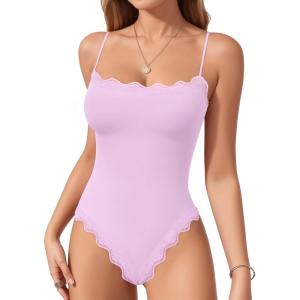 imageMANGOPOP Womens Cami Thong Bodysuit Double Lined Square Neck Backless Body Suit Adjustable Spaghetti Strap Tank TopsLace Rose Quartz