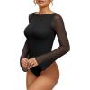 imageMANGOPOP Womens Boat Neck Bell Sleeve Bodysuit Sexy Sheer Mesh Double Lined Body Suits Going Out Fall Tops 202501 Black