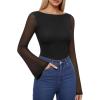 imageMANGOPOP Womens Boat Neck Bell Sleeve Bodysuit Sexy Sheer Mesh Double Lined Body Suits Going Out Fall Tops 202501 Black