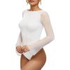 imageMANGOPOP Womens Boat Neck Bell Sleeve Bodysuit Sexy Sheer Mesh Double Lined Body Suits Going Out Fall Tops 202502 White