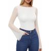 imageMANGOPOP Womens Boat Neck Bell Sleeve Bodysuit Sexy Sheer Mesh Double Lined Body Suits Going Out Fall Tops 202502 White