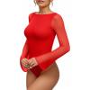 imageMANGOPOP Womens Boat Neck Bell Sleeve Bodysuit Sexy Sheer Mesh Double Lined Body Suits Going Out Fall Tops 202503 Red