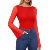 imageMANGOPOP Womens Boat Neck Bell Sleeve Bodysuit Sexy Sheer Mesh Double Lined Body Suits Going Out Fall Tops 202503 Red