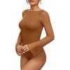 imageMANGOPOP Womens Boat Neck Bell Sleeve Bodysuit Sexy Sheer Mesh Double Lined Body Suits Going Out Fall Tops 202504 Brown
