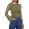 imageMANGOPOP Womens Boat Neck Bell Sleeve Bodysuit Sexy Sheer Mesh Double Lined Body Suits Going Out Fall Tops 202505 Army Green