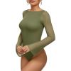 imageMANGOPOP Womens Boat Neck Bell Sleeve Bodysuit Sexy Sheer Mesh Double Lined Body Suits Going Out Fall Tops 202505 Army Green