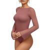 imageMANGOPOP Womens Boat Neck Bell Sleeve Bodysuit Sexy Sheer Mesh Double Lined Body Suits Going Out Fall Tops 202506 Marsala