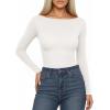 imageMANGOPOP Womens Boat Neck Long Sleeve Bodysuit Basic Thong Body Suit Fall Going Out Tops 202502 White