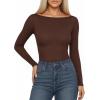 imageMANGOPOP Womens Boat Neck Long Sleeve Bodysuit Basic Thong Body Suit Fall Going Out Tops 2025Coffee