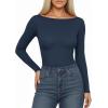 imageMANGOPOP Womens Boat Neck Long Sleeve Bodysuit Basic Thong Body Suit Fall Going Out Tops 2025Deep Blue