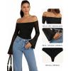 imageMANGOPOP Womens Off The Shoulder Double Lined Bodysuit Mesh Bell Sleeve Body Suits Sexy Going Out Fall Backless Tops 202501 Black